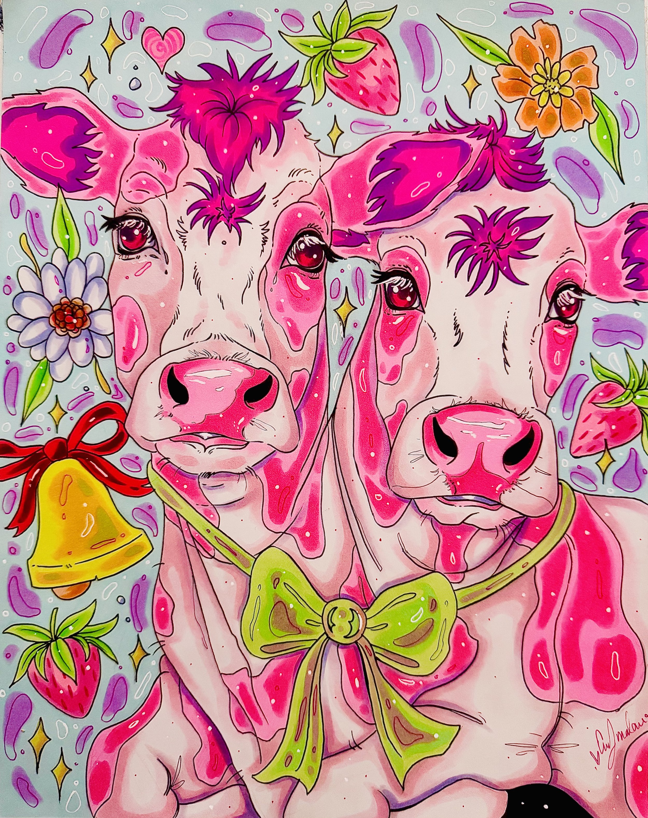 Digital artwork featuring a pink pig with bright eyes, surrounded by strawberries, flowers, a yellow bell with a red bow, and a large green bow on its neck. The background is filled with abstract shapes and vibrant colors.