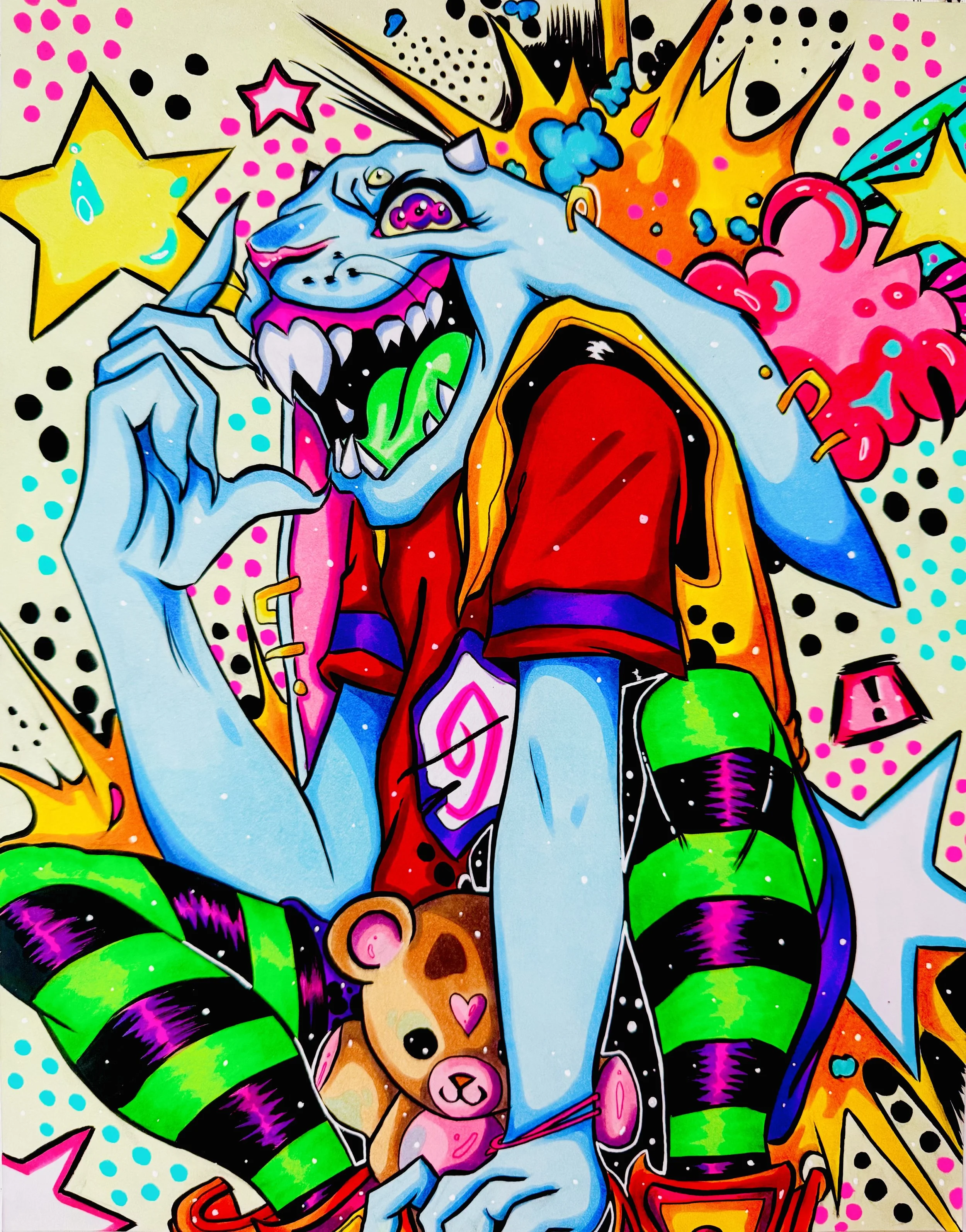 Colorful pop art-style illustration of a blue panther with a wide-open mouth, showing sharp teeth and a green tongue, wearing a red vest with gold details. The background features explosion shapes, stars, and dots in bright colors.