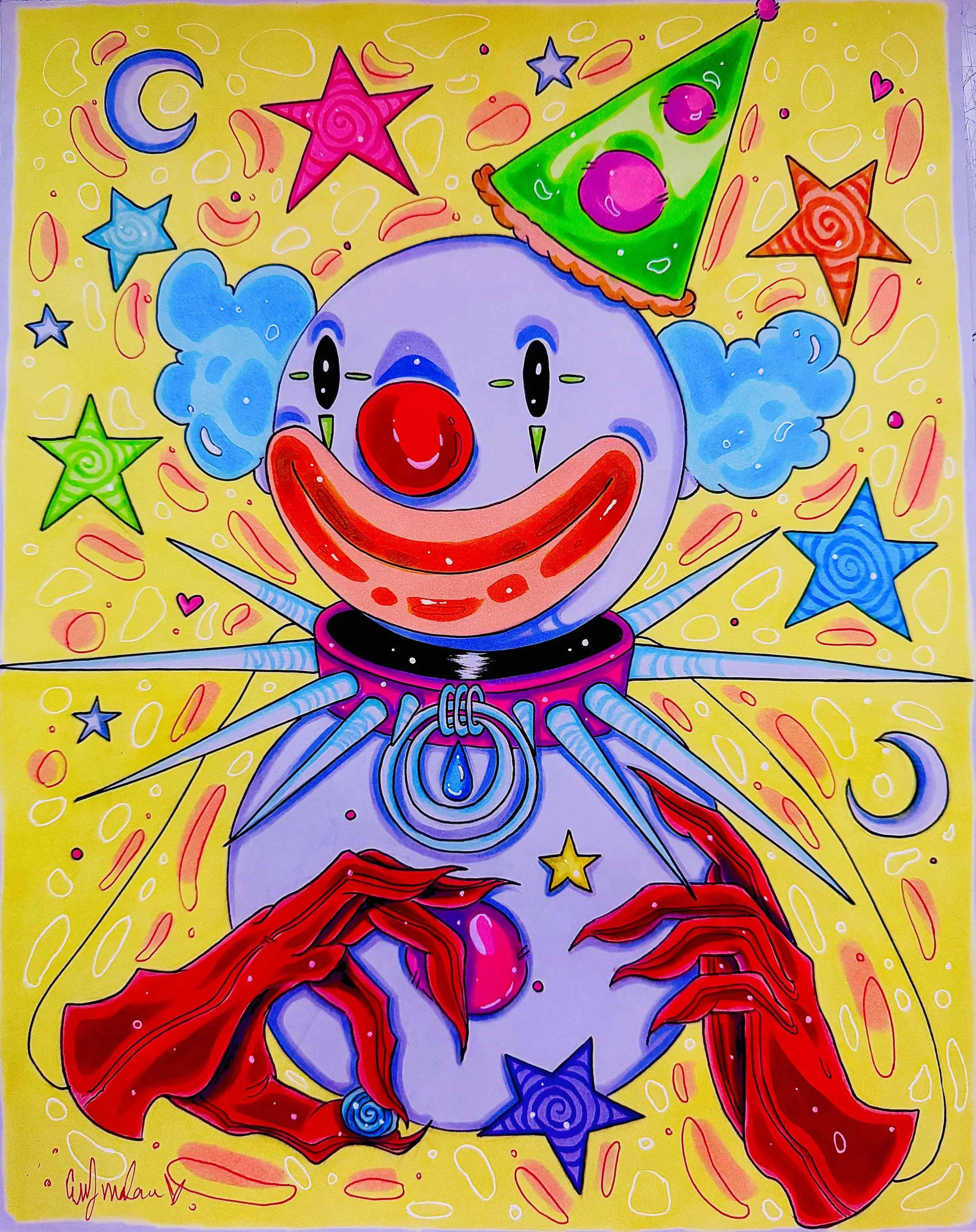 Colorful illustration of a clown's face with a big red nose and red lips, set against a yellow background filled with stars, moons, and abstract shapes. The clown has blue curly hair, a green party hat with pink balls, and holds a red hammer. The artwork is signed in red at the bottom left.