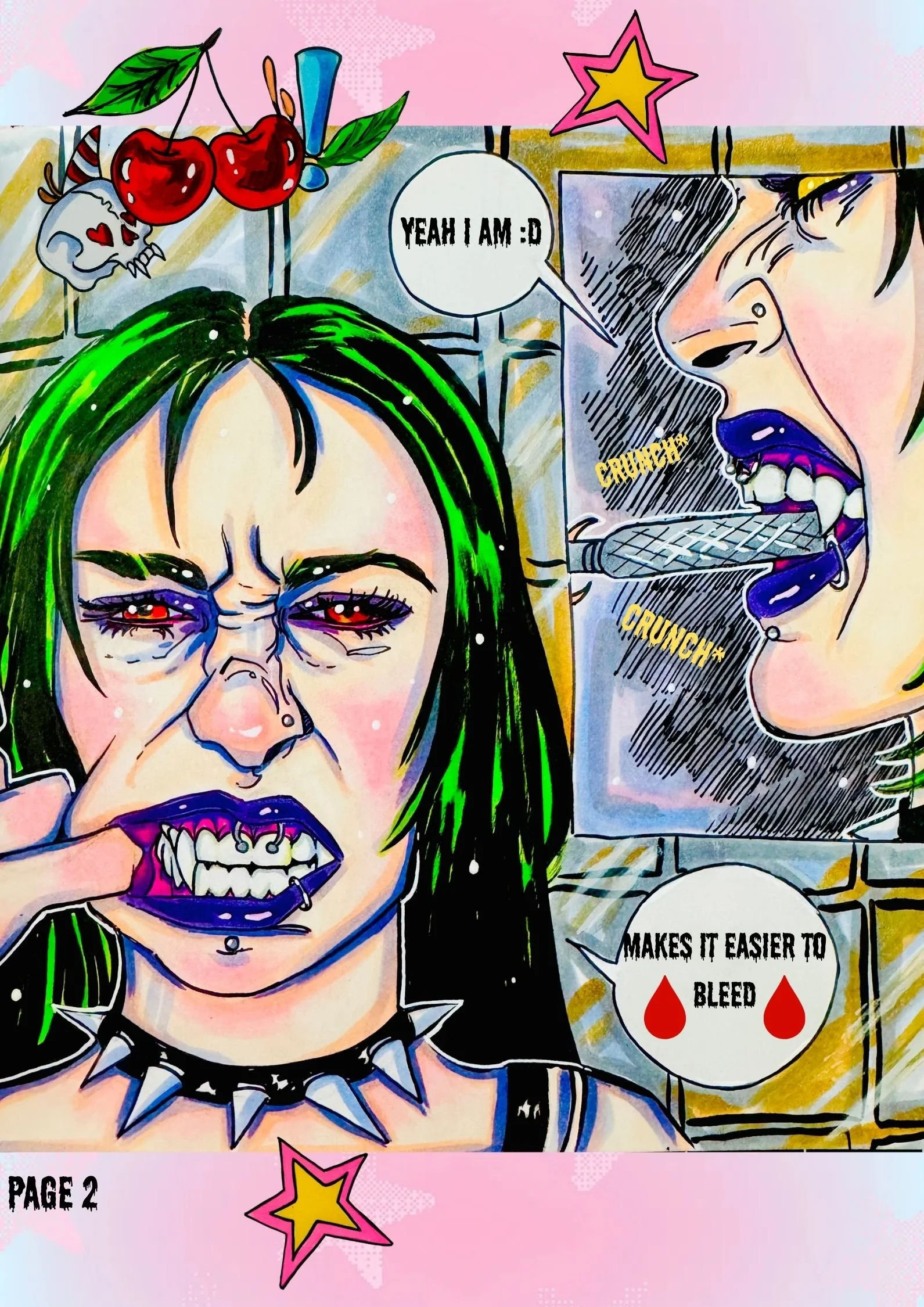 A comic-style illustration of a woman with green hair, purple lipstick, and facial piercing, appearing angry or intense. There is a speech bubble with the text 'YEAH I AM :D'. The background has pink and pastel colors, with star and explosion graphics. On the right, a person is biting a waffle with a caption indicating it makes bleeding easier. At the bottom, a page number 'PAGE 2' is visible.