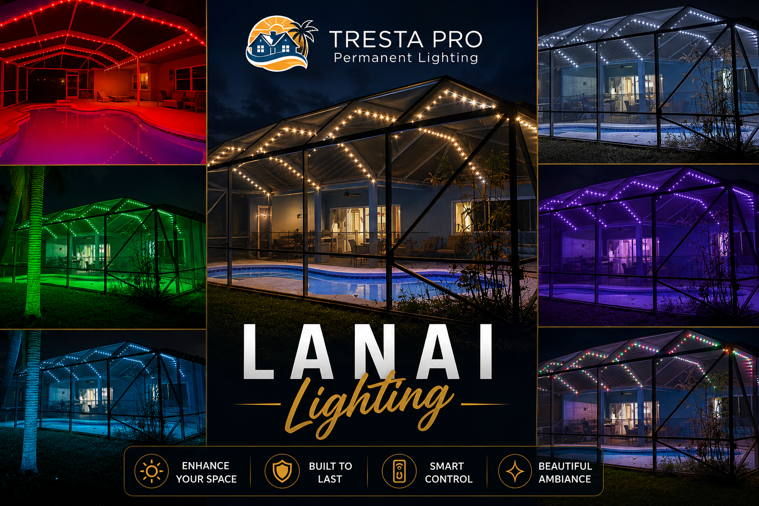 A collage of images showing different color LED lighting around a screened pool enclosure at night. The central image shows the enclosure with warm white lights, with smaller images displaying red, green, blue, purple, and multicolor lighting options. The overlay text promotes Tresta Pro permanent lighting for pools, highlighting features like enhancing your space, built to last, smart control, and creating a beautiful ambiance.