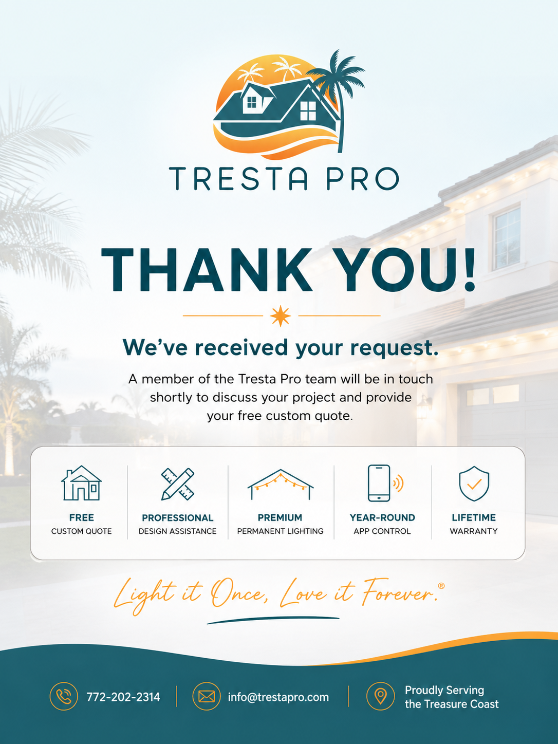 A thank you message from Tresta Pro for a received request featuring icons for free quote, professional design assistance, premium lighting, app control, and lifetime warranty, with contact information and branding.