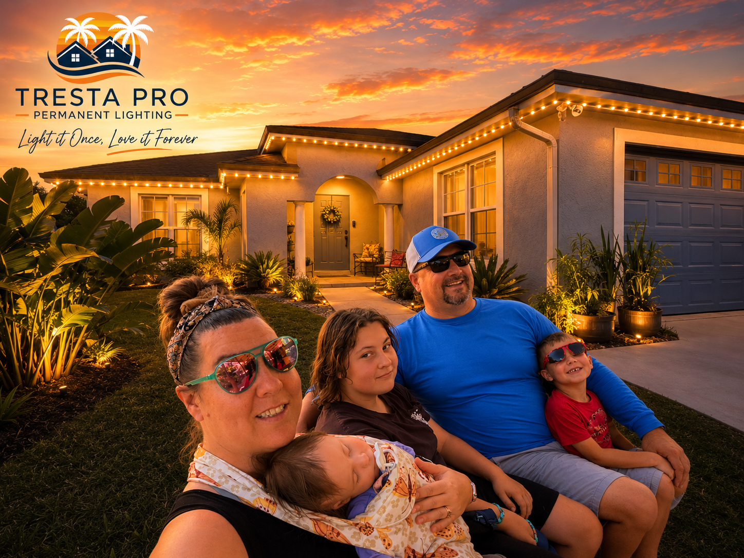 A family sitting in front of their house during sunset, with outdoor lighting and lush plants, celebrating the company's outdoor lighting product
