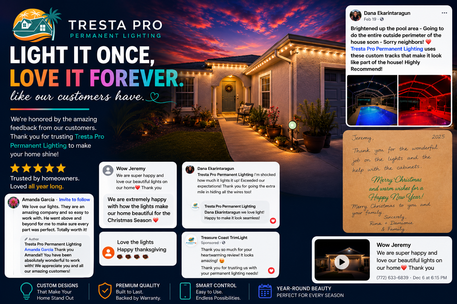 Promotional graphic for Tresta Pro Permanent Lighting featuring a home with outdoor lighting at sunset. The image includes text highlighting the benefits of their lighting, customer reviews, and a sunset sky with pink and purple hues. There are also smaller photos of illuminated pool areas at night, a handwritten holiday greeting, and icons representing product features like custom design, quality, smart control, and all-season use.