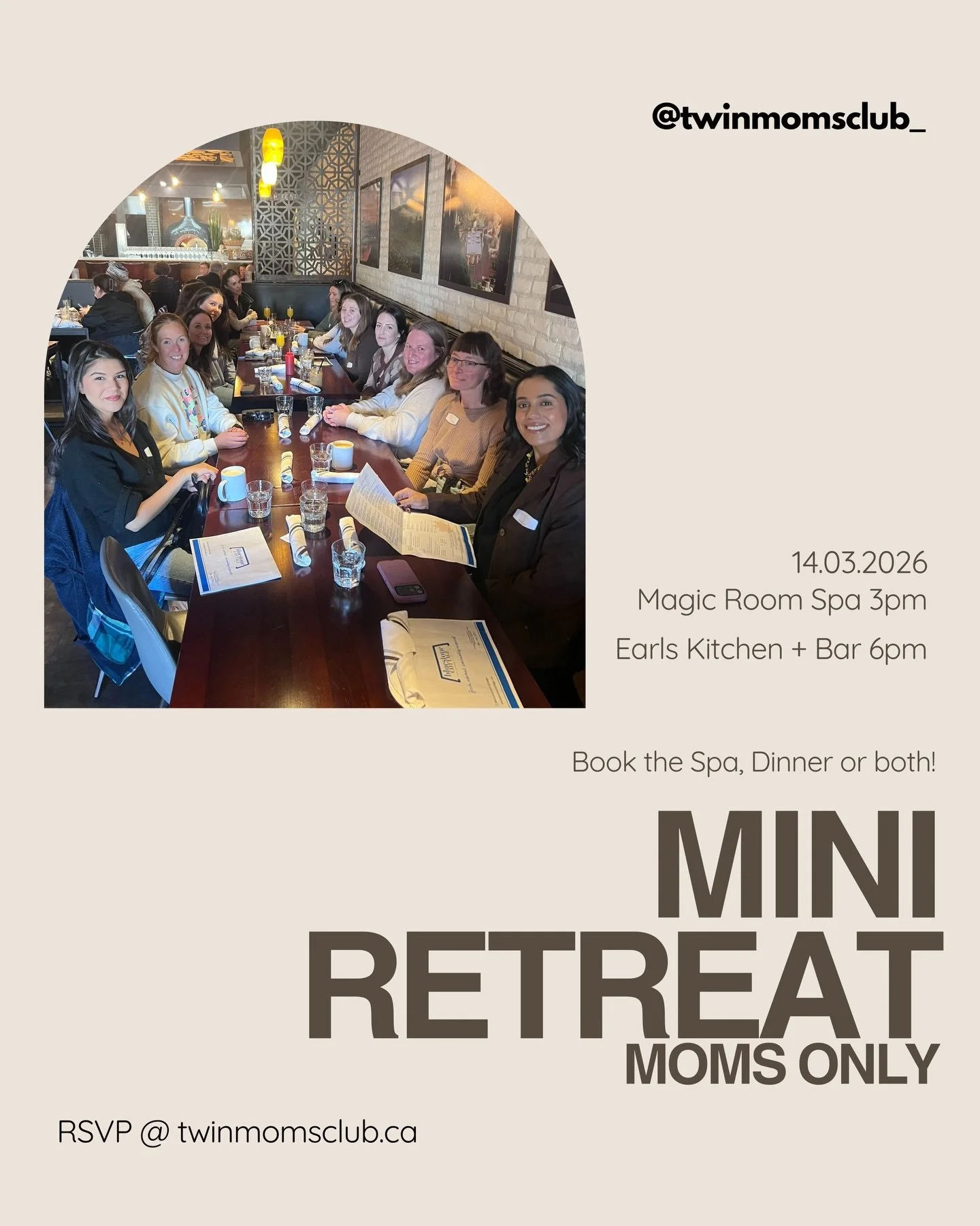Mark your calendars! 🗓️ Our March Mini Retreat is here. This one&rsquo;s for our members in Manitoba. 

Spa at 3pm, Earls at 6pm. Come for one or stay for both! It&rsquo;s the ultimate &ldquo;Moms Only&rdquo; reset.

RSVP at twinmomsclub.ca

#twinmo