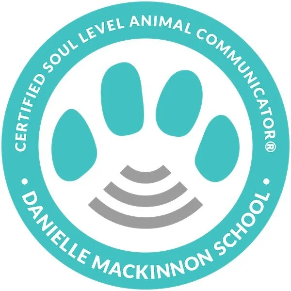 The seal of the Danielle MacKinnon School. This seal designates having completed a rigorous training program in animal communication and the individual who passed is now practicing as a professional.
