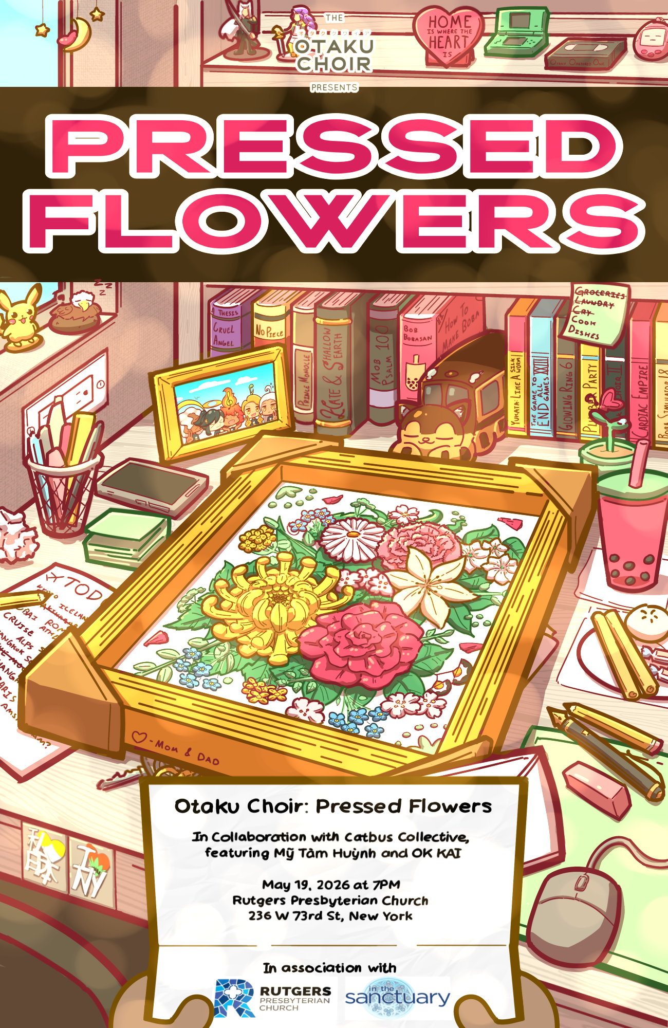 Decorative illustration of a floral pressed flower art display on a desk surrounded by books, photos, stationery, and a drink, with event information for an Otaku choir performance titled "Pressed Flowers" on May 19, 2026, at Rutgers Presbyterian Church in New York.