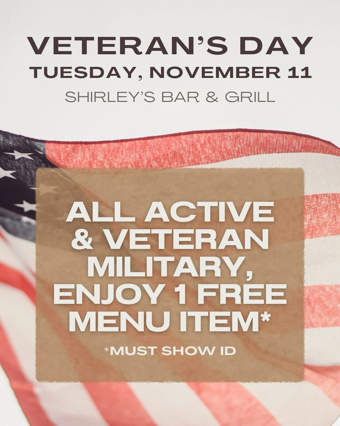 We thank those that have and continue to serve our country🇺🇸
Stop into Shirley&rsquo;s today for a free menu item!

#shirleys #shirleysbargrill #westdesmoines #waukee #veterans #veteransday #veteransday2025