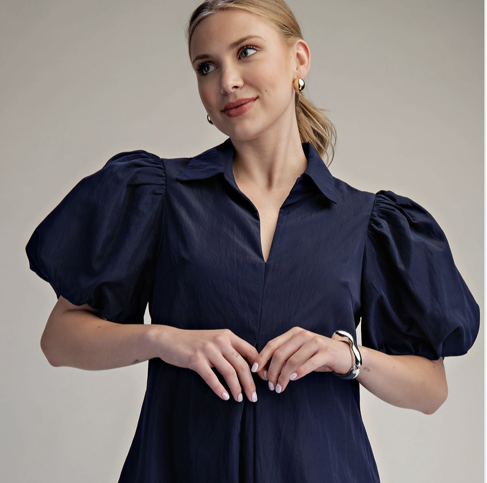 Collar V-Neck Puff Sleeve Pleated Midi Dress