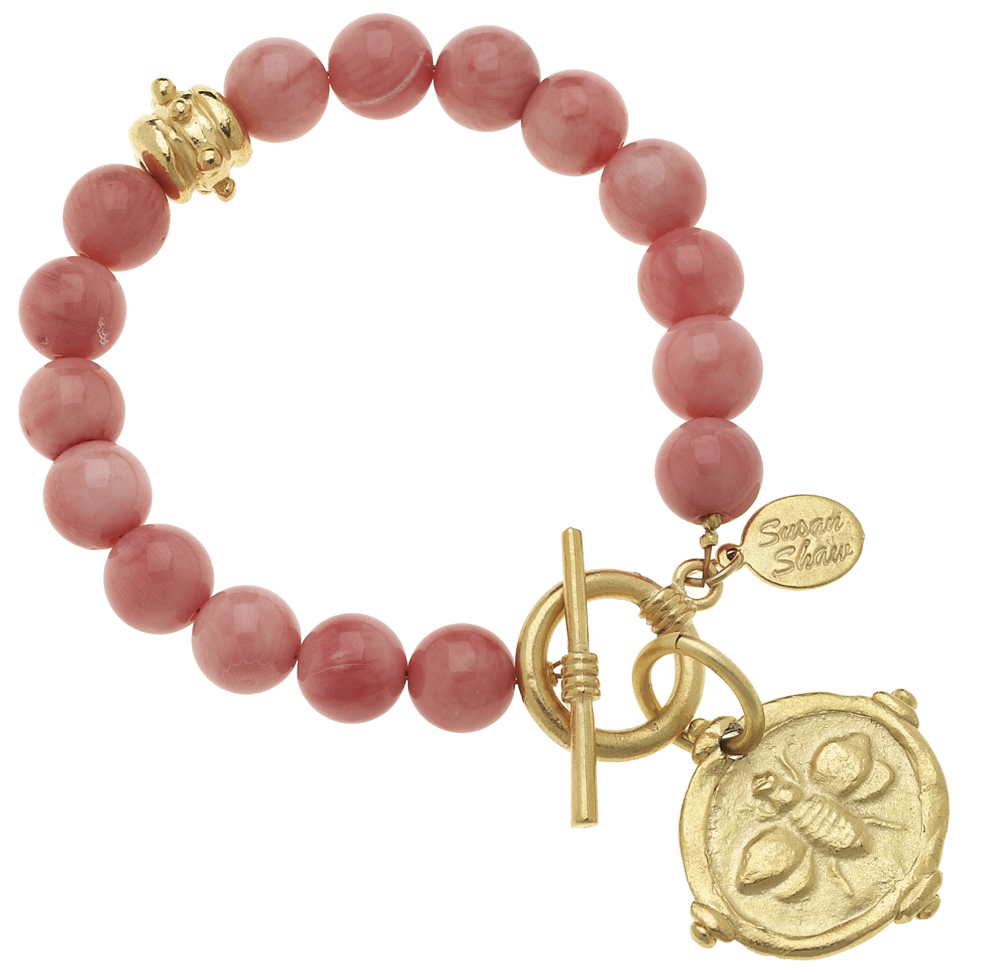 Handcast Gold Bee, Pink Genuine Coral Bracelet