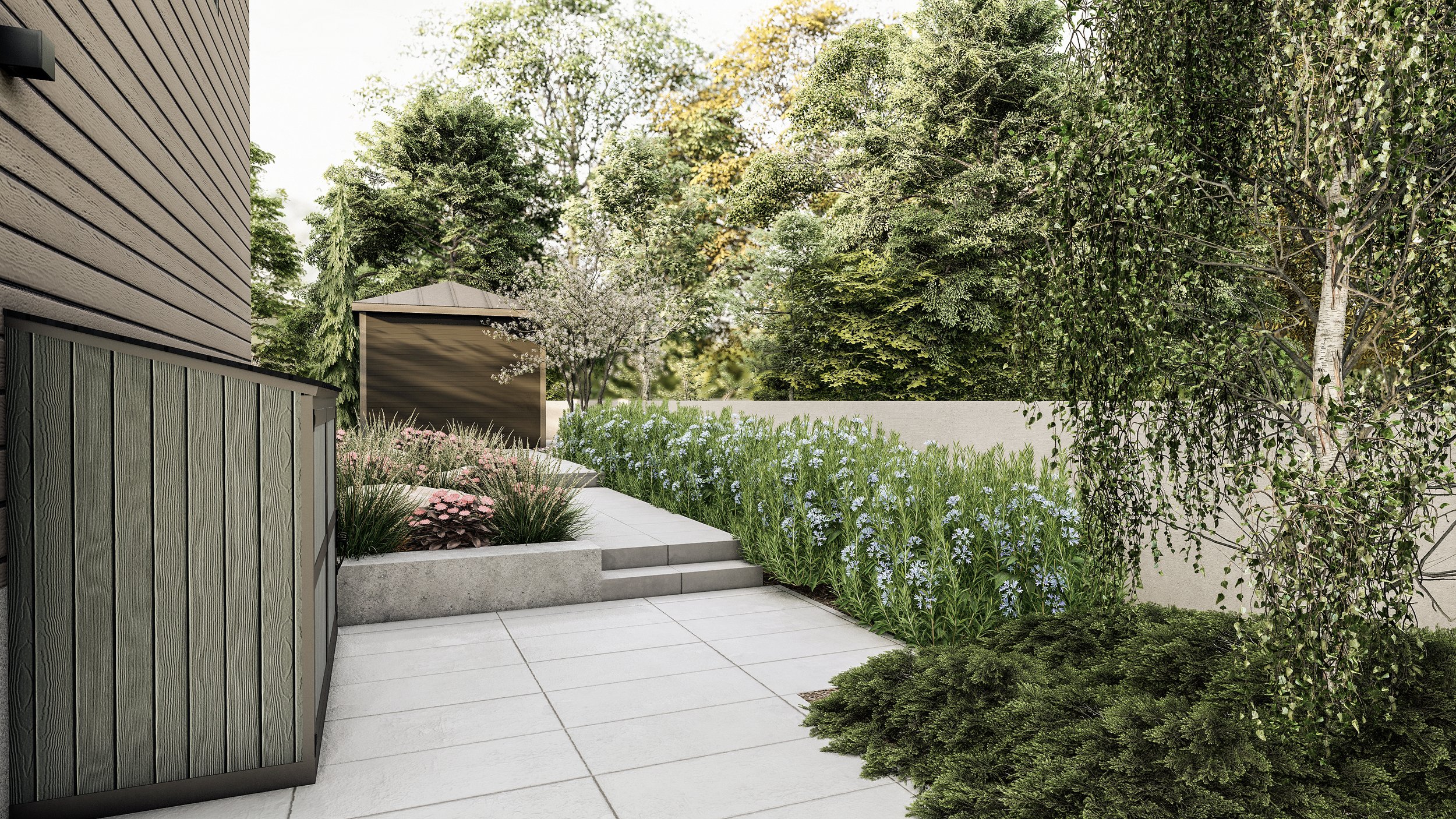 A showcase of landscape architecture, this modern backyard features a tiled patio, lush greenery, a wooden fence, and a garden shed in the distance.