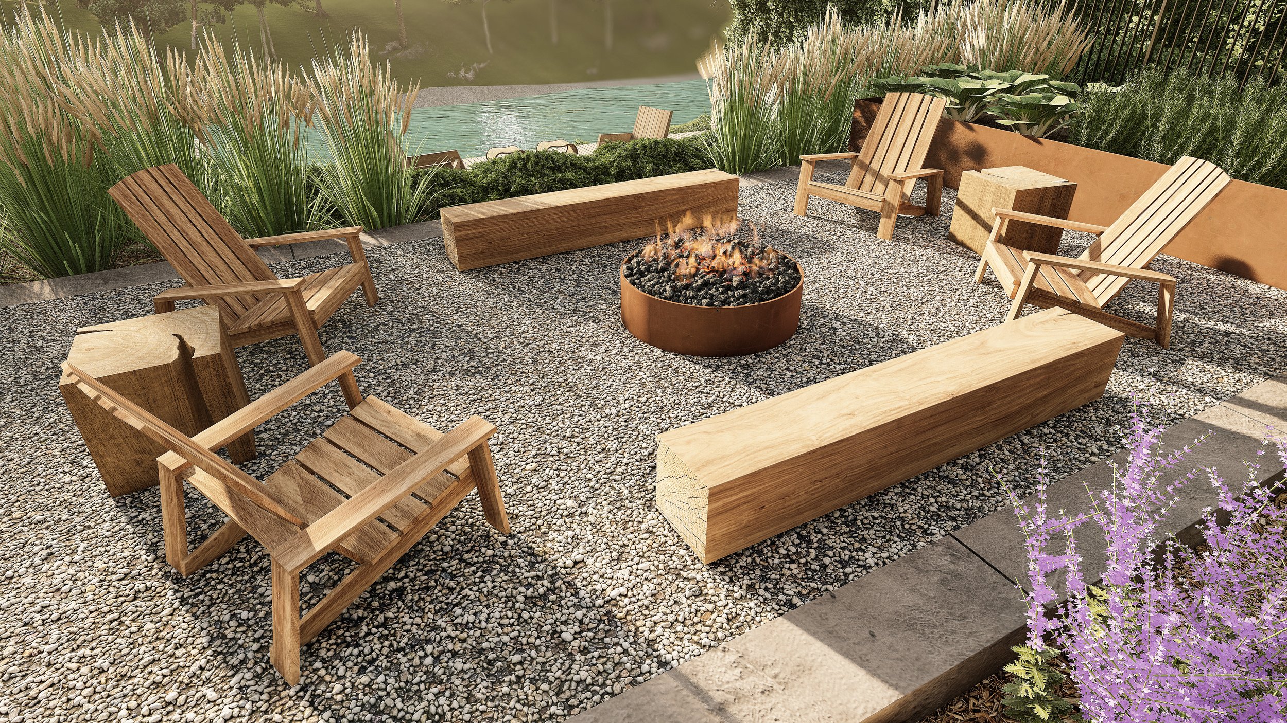 A cozy backyard designed by Schmitz & Gillies Landscape Design Studio features wooden chairs around a circular fire pit, surrounded by lush greenery, flowering plants, and a small wooden deck near a house with large windows.