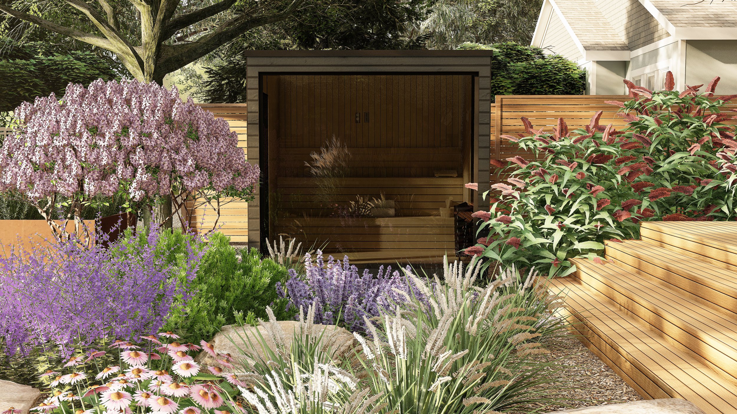 A garden with various flowering plants and shrubs surrounds a wooden sauna, showcasing exquisite landscape design. A wooden fence and stone pathway complete the serene setting.