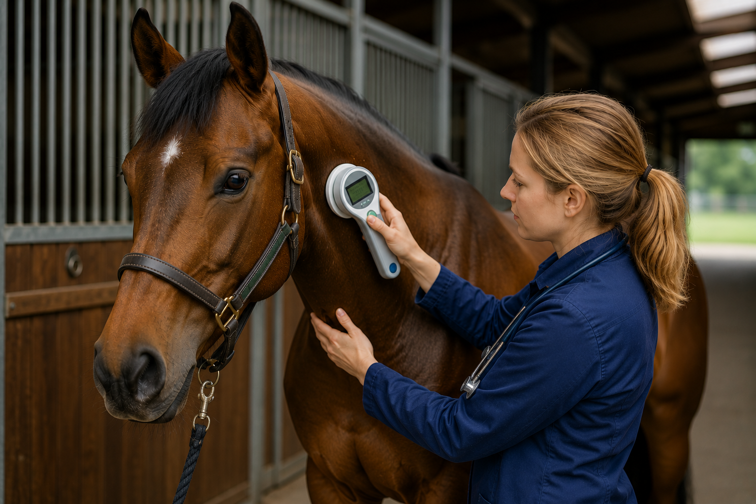 Female veterinarian using a handheld medical device on a brown horse in a stable.