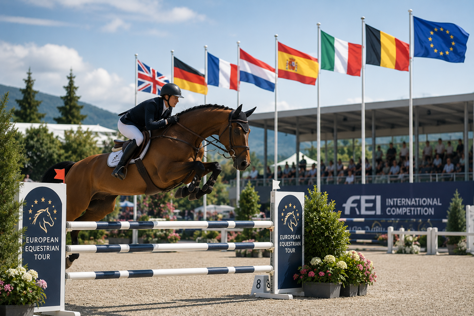 A rider in formal equestrian attire riding a brown horse jumping over an obstacle at a European Equestrian Tour event, with flags of various countries flying in the background.