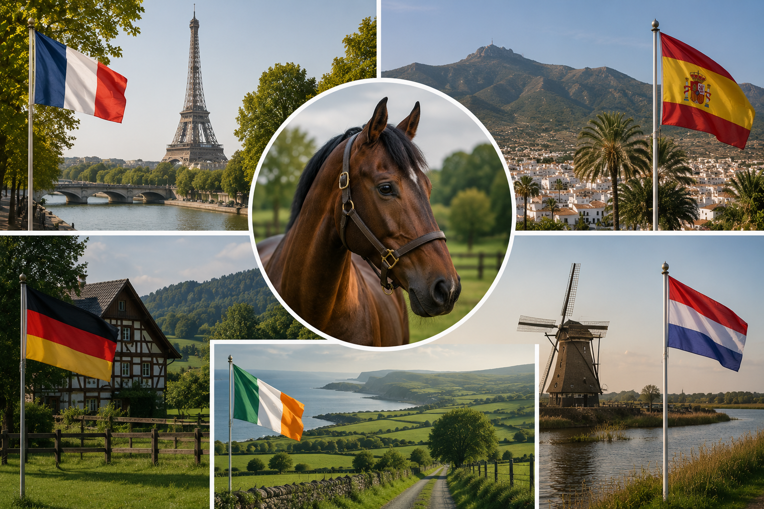 Collage of international flags and scenery: French flag by the Seine River with Eiffel Tower, Spanish flag with mountainous landscape, German flag with countryside, Irish flag with coastal cliffs, Dutch flag with windmill, and a horse in a farm setting.