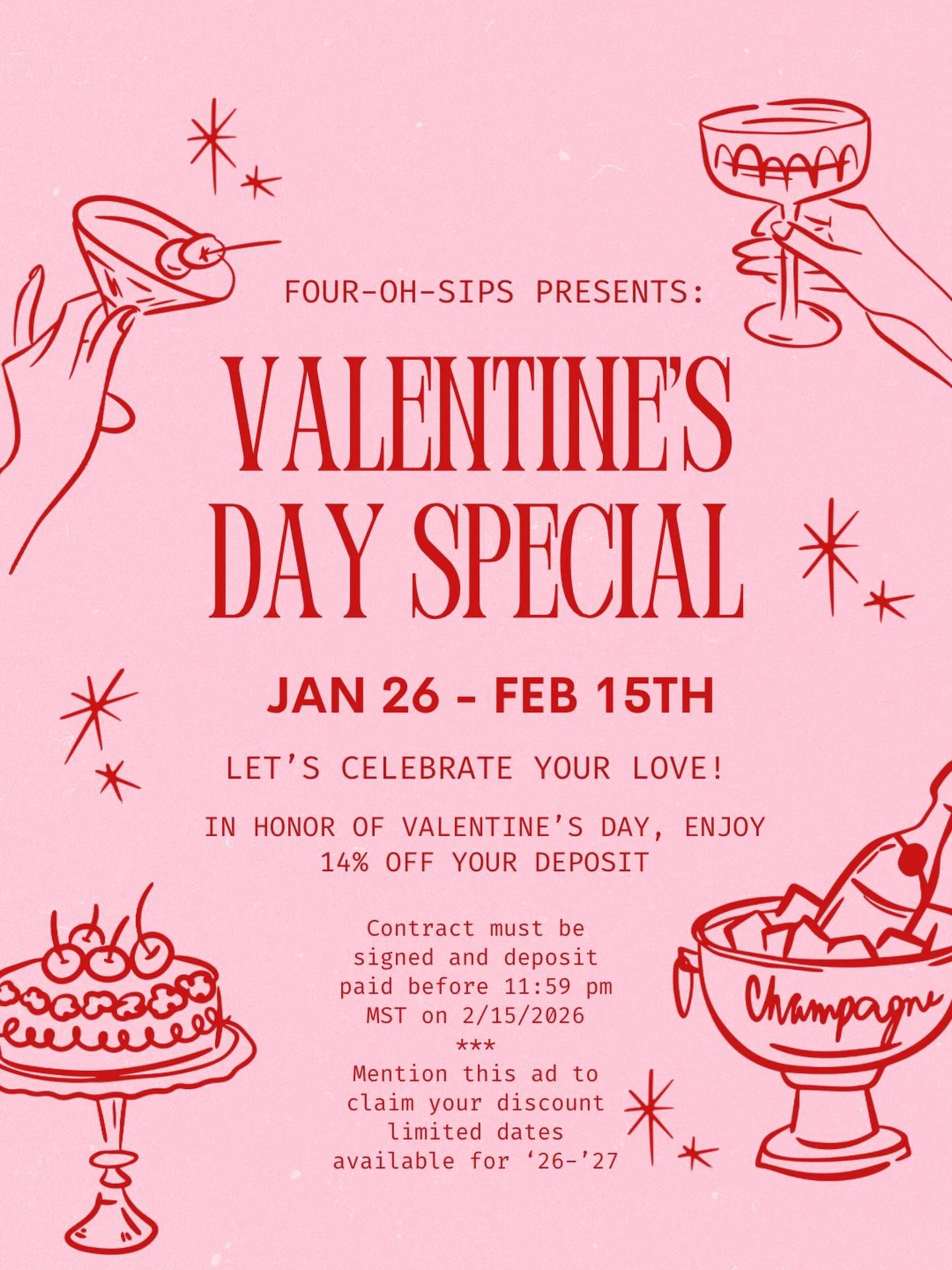 💘 LOVE IS IN THE AIR&hellip; AND IN THE GLASS 💘
Four-Oh-Sips is feeling the romance, and we&rsquo;re celebrating YOUR love story the best way we know how&hellip; cocktails. 🥂

From Jan 26 &ndash; Feb 15, book your date and enjoy 14% OFF your depos