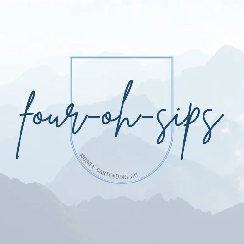 Logo for Four-Oh-Sips Mobile Bartending Co. with a mountain background