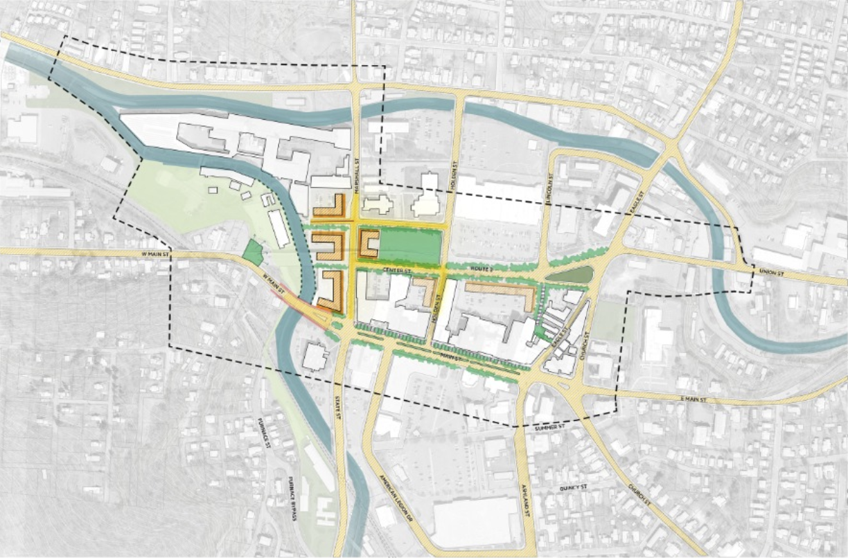 Overview of a possible redesign of downtown North Adams without the Route 2 Overpass