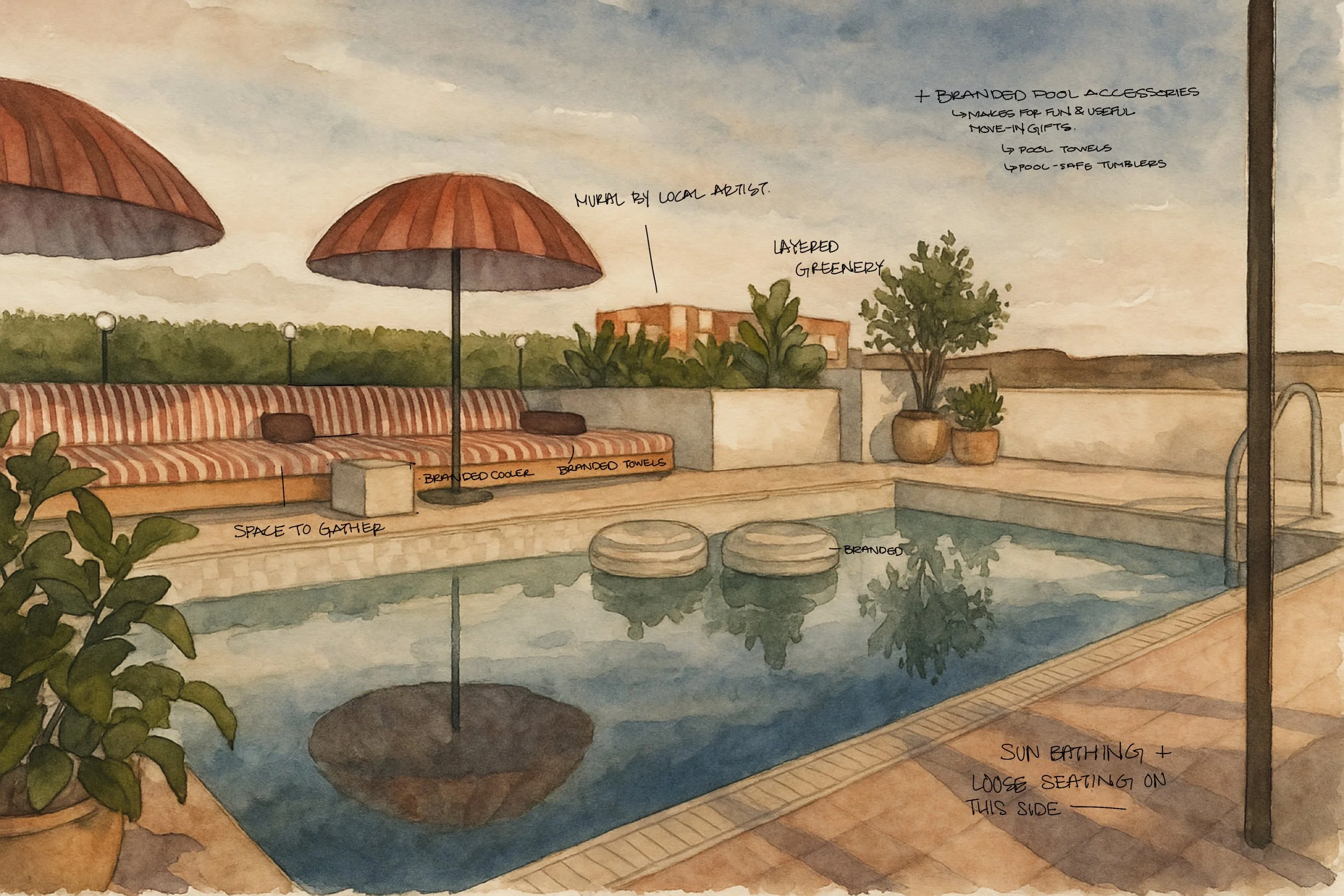 Watercolor illustration of a rooftop pool area with umbrellas, potted plants, lounge seating, and labeled pool accessories and greenery.