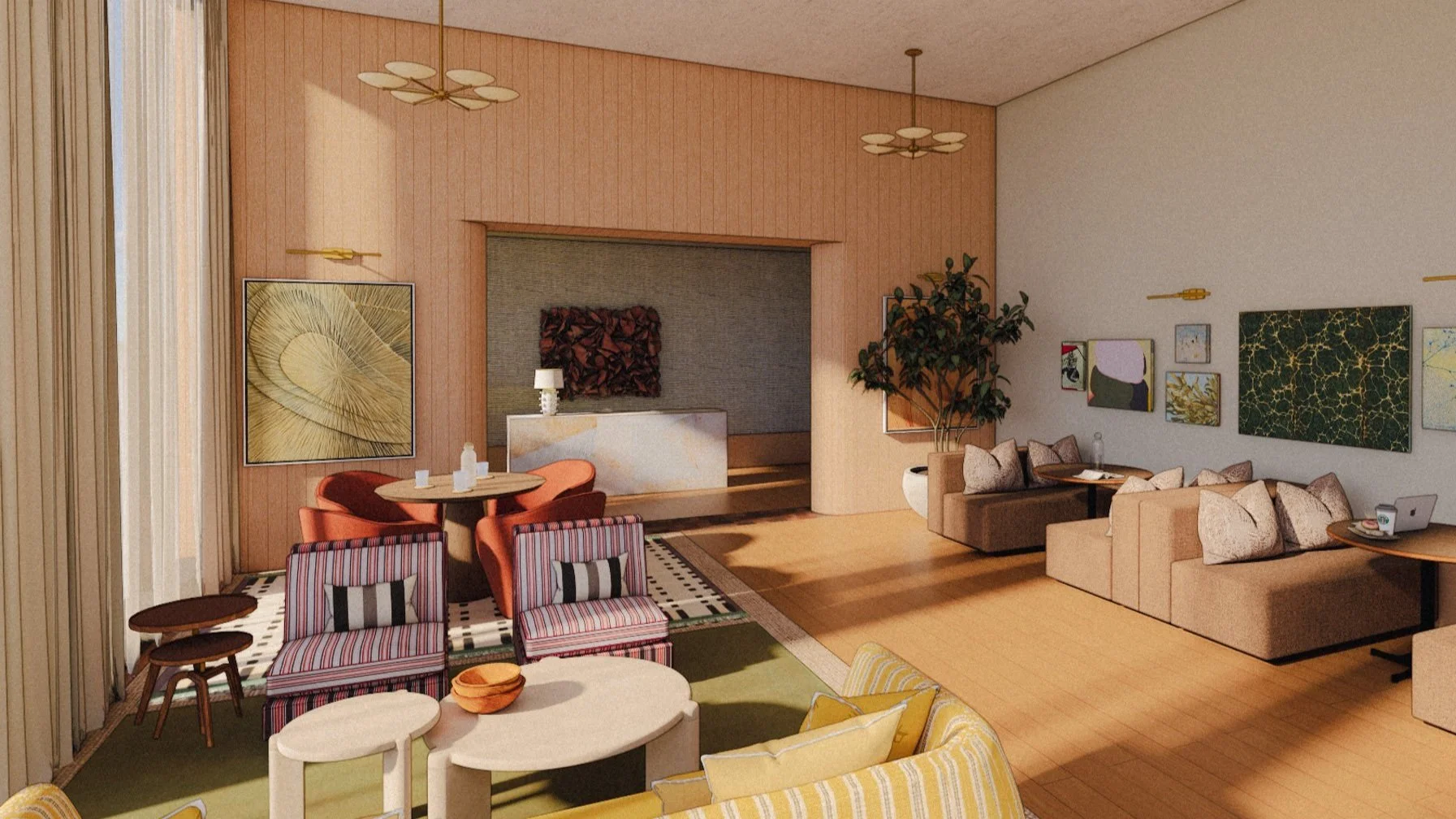 Stylish living room with beige sofas, colorful chairs, wooden floor, wall art, and large window with curtains.