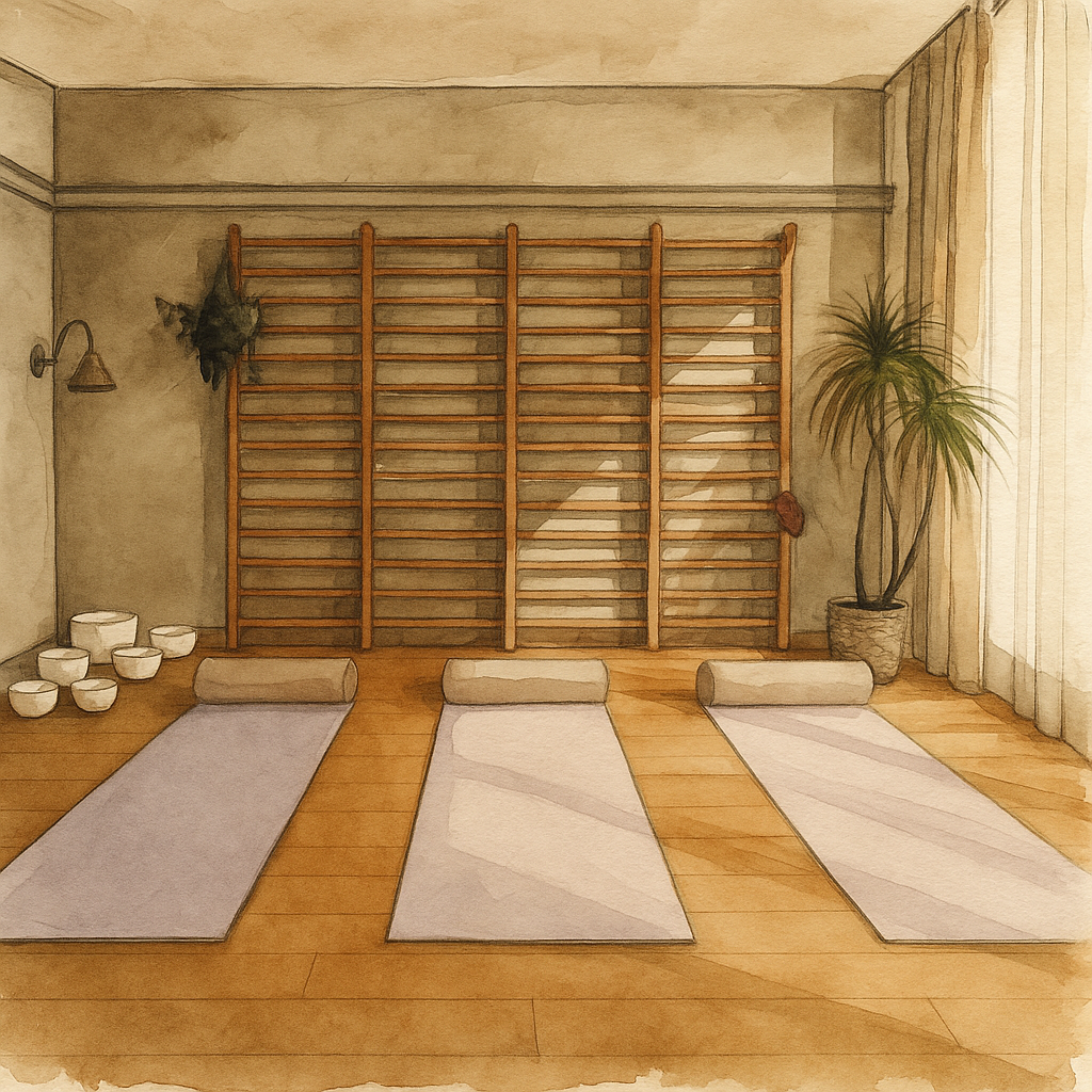 A yoga studio with three mats and bolsters, a wooden wall ladder, and a potted plant near a window with curtains.