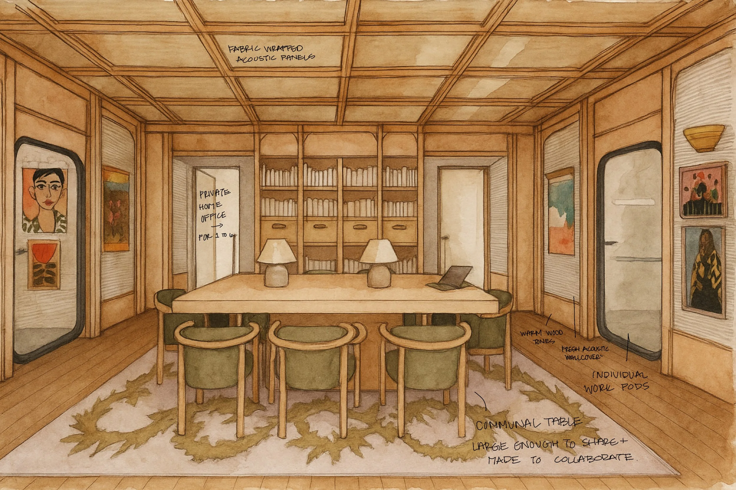 Illustration of a cozy, wooden-paneled room with a large communal table at the center, surrounded by seven green chairs. Two lamps sit on the table, with a laptop beside them. The room features artwork on the walls, warm wood tones, and built-in shelves filled with books. There are white, padded acoustic panels on the ceiling, and labels indicate it as a space designed for collaboration, with notes about wall coverings, work fosters, and privacy.
