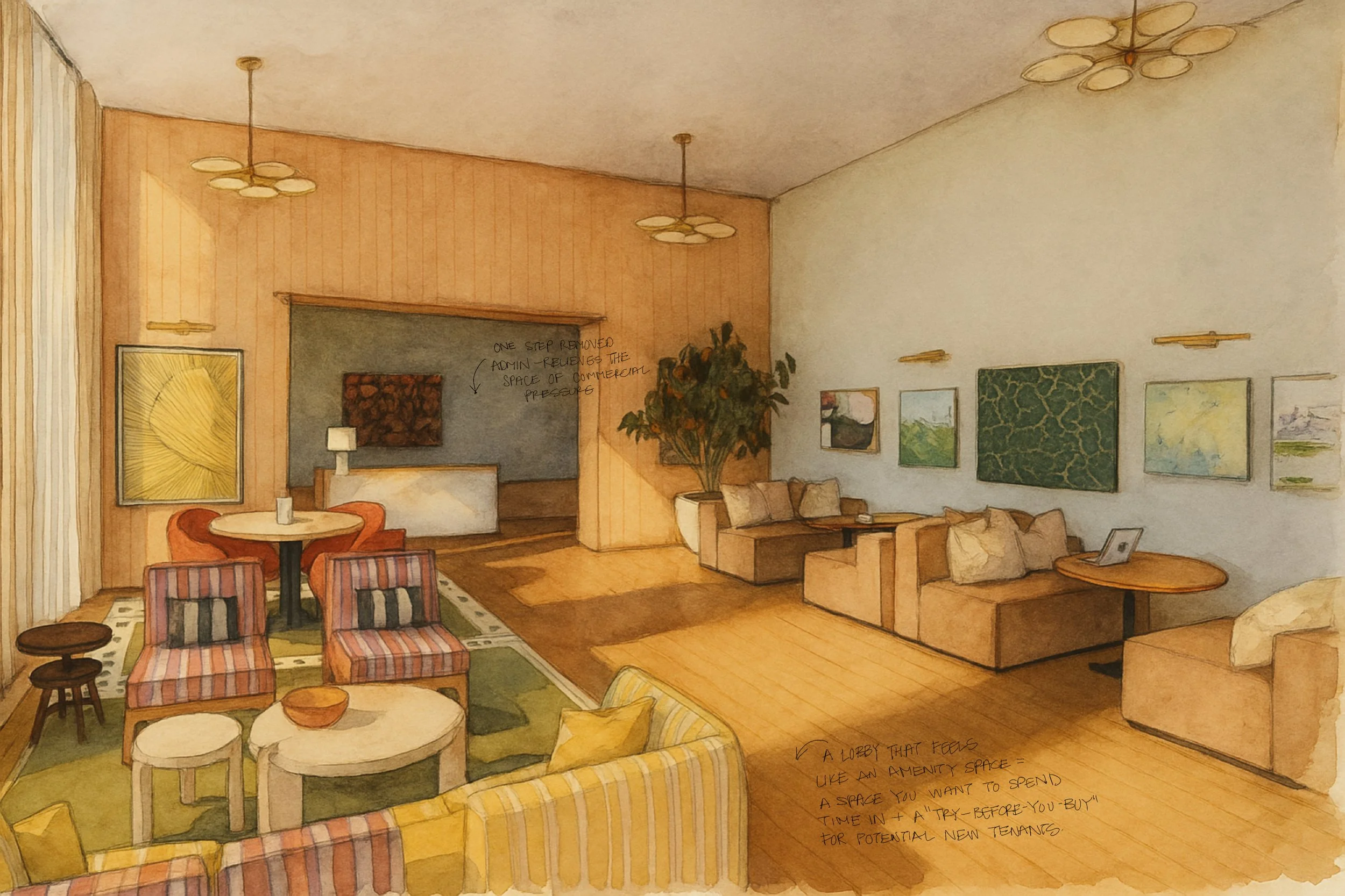 A watercolor rendering of a spacious living room and lounge area, featuring beige and coral-colored walls, modern ceiling lights, framed artwork, a large potted plant, and various seating arrangements including sofas, armchairs, and small tables.