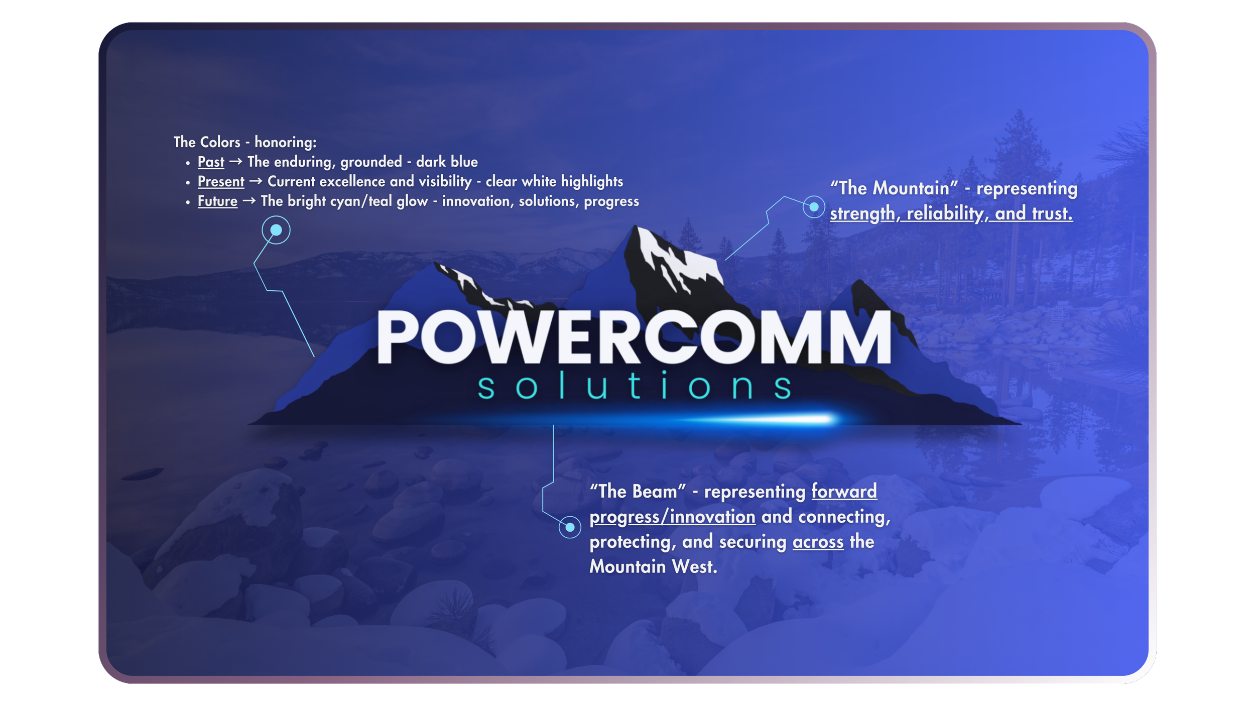 PowerComm Solutions mountain logo brand identity: dark blue for enduring strength, white highlights for excellence, cyan glow for innovation, representing reliability and connecting, protecting, and securing the Mountain West from Reno NV