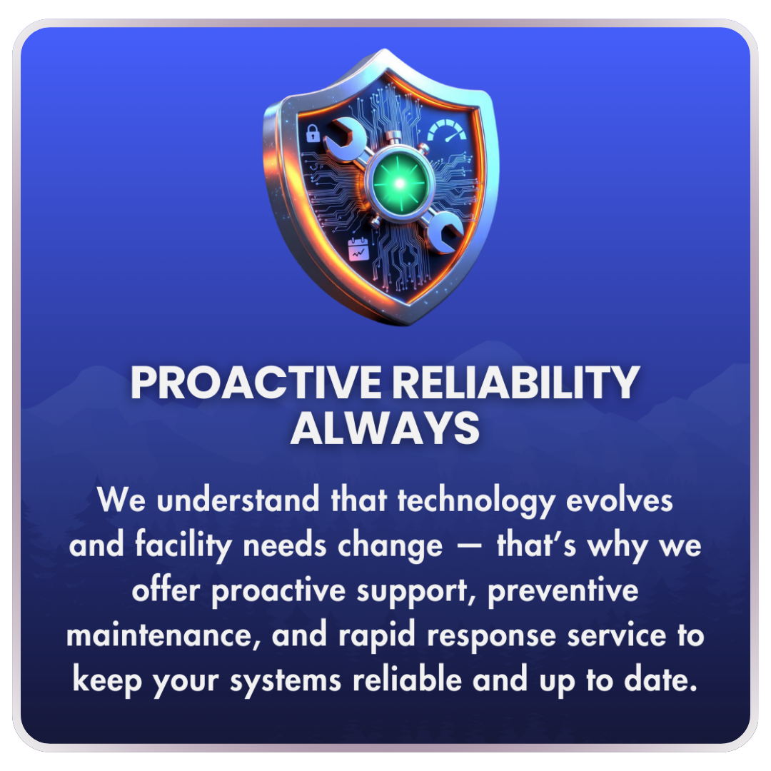 Proactive Reliability Always card at PowerComm Solutions – shield icon with tools, circuit board, and green checkmark representing proactive maintenance, preventive support, and reliable system performance in Reno NV