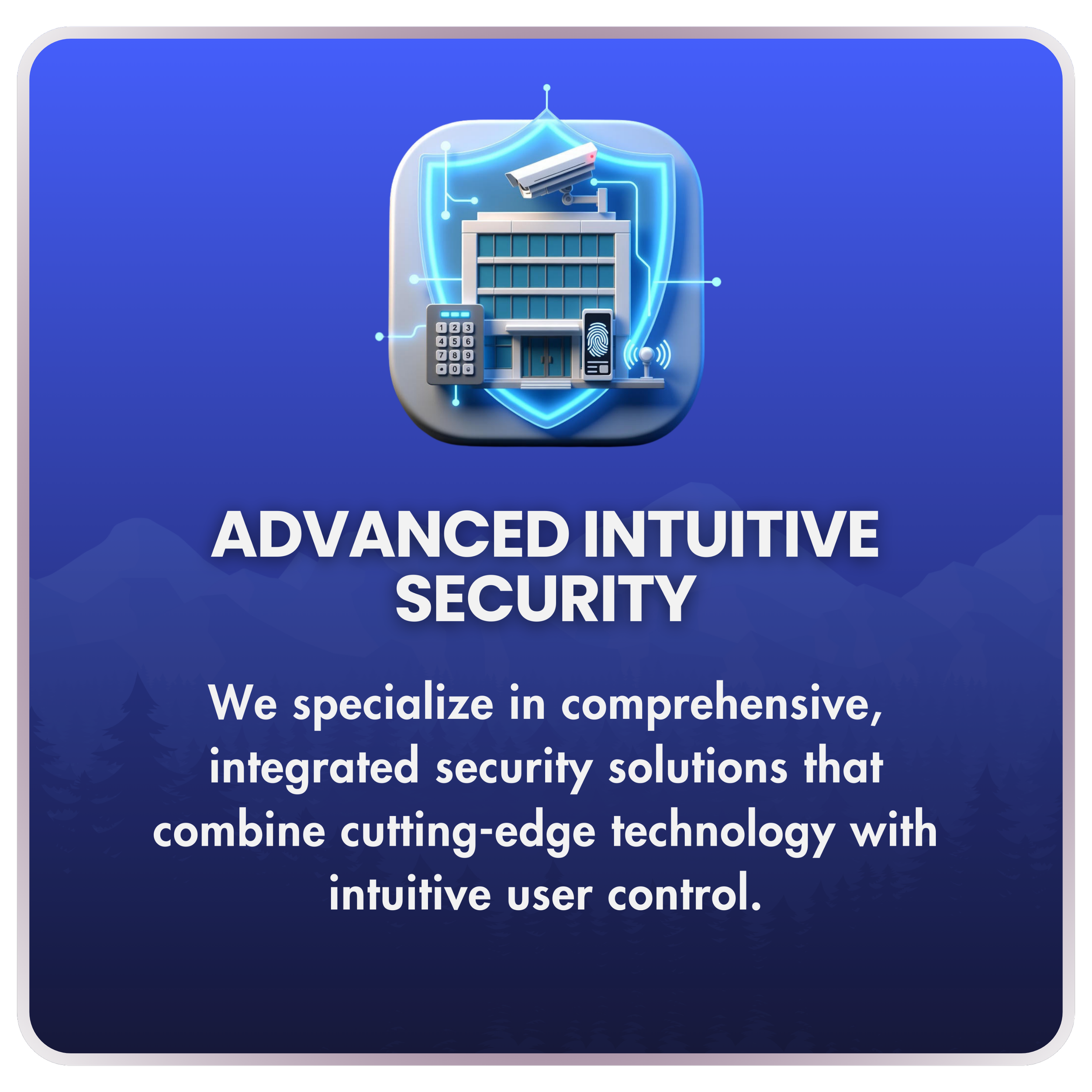 Advanced Intuitive Security card at PowerComm Solutions – integrated shield icon with camera, keypad, and building representing comprehensive, user-friendly commercial security systems in Reno NV