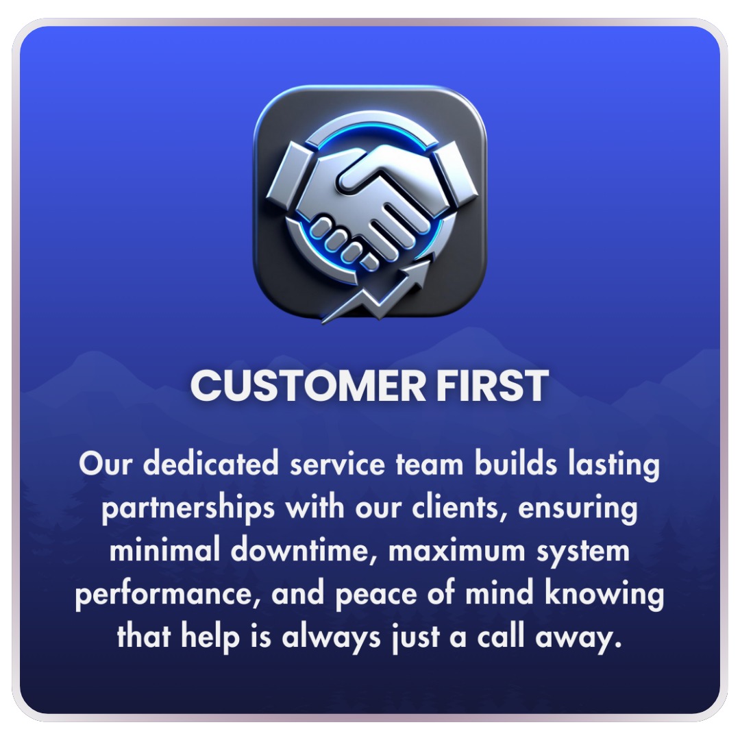Customer First card at PowerComm Solutions – glowing handshake icon representing dedicated service, lasting partnerships, minimal downtime, and maximum system performance in Northern Nevada
