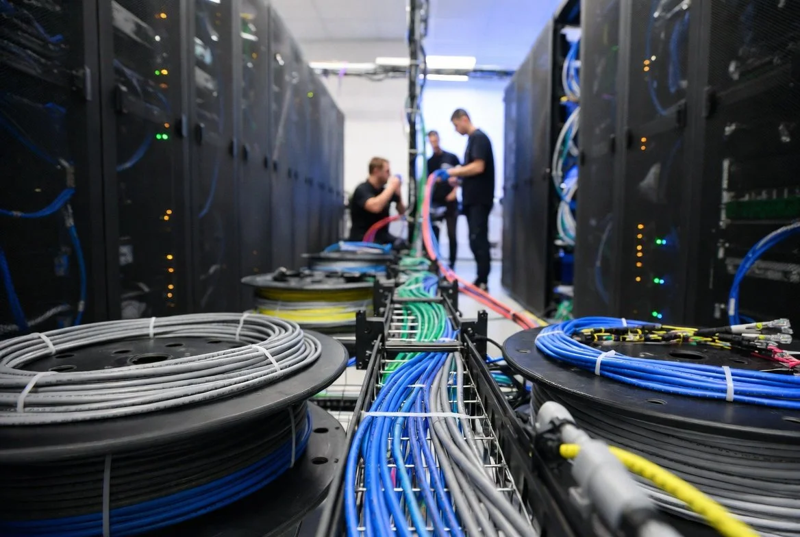 example technicians installing structured cabling and communications infrastructure in a professional data center environment