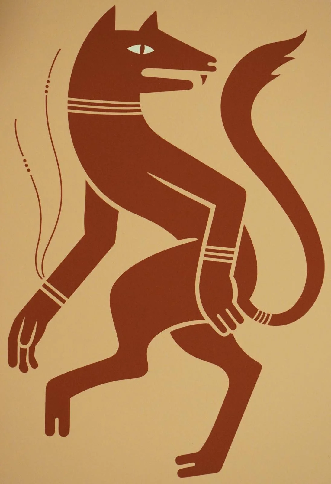 A stylized illustration of a humanoid figure with a fox-like head, sitting in a relaxed pose, drawn in bold lines and shapes with a brown color on a beige background.