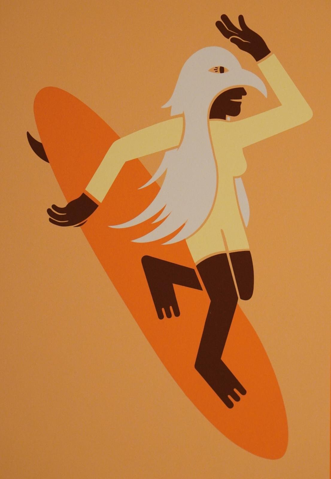 Stylized illustration of a person with a bird's head sitting on an orange surfboard, wearing a yellow shirt and black pants, on a peach-colored background.