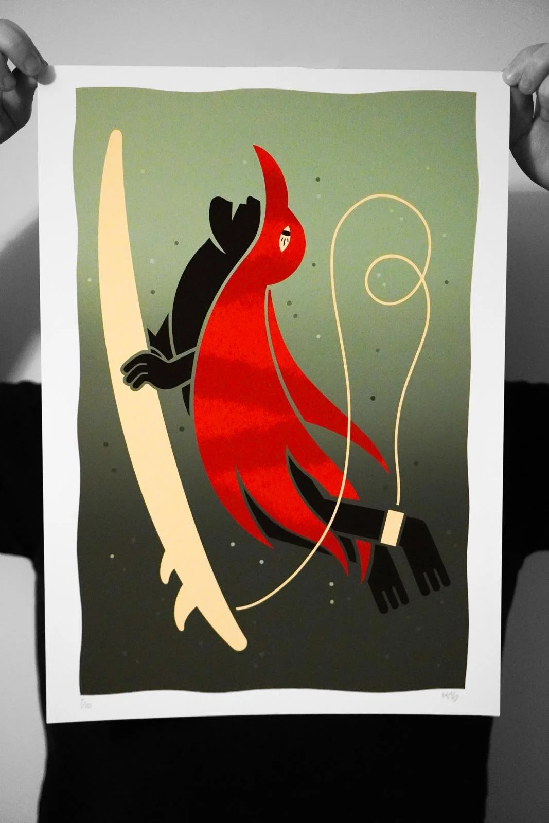 An epic, stylized digital illustration featuring a red, female humanoid character with a flowing red dress, sitting in space surrounded by stars, with a valorous expression, and a large cream-colored leaf or feather extending vertically beside her.