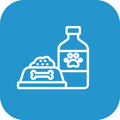 Pet food and a bottle of medicine or supplement for animals.