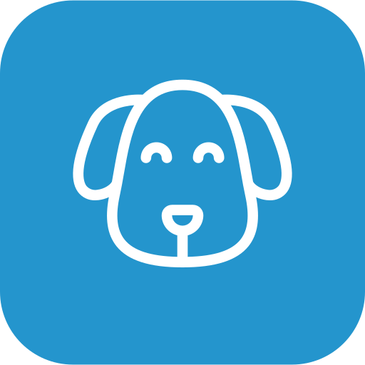 Icon of a happy dog face with floppy ears on a blue background.
