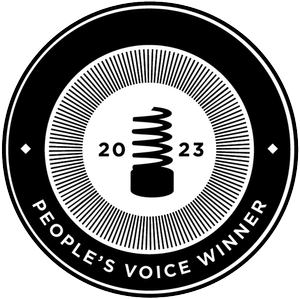 A circular badge with a black and white spiral spring in the center, surrounded by text that reads "PEOPLE'S VOICE WINNER" and the year "2023."