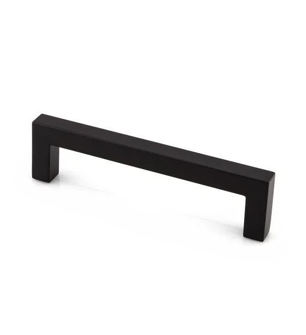 Black metal cabinet handle on white background