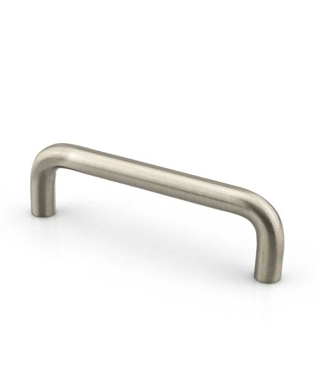 Silver metal cabinet handle with a minimalist design on a white background.