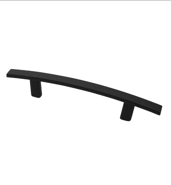 Black curved cabinet handle with two mounting points.