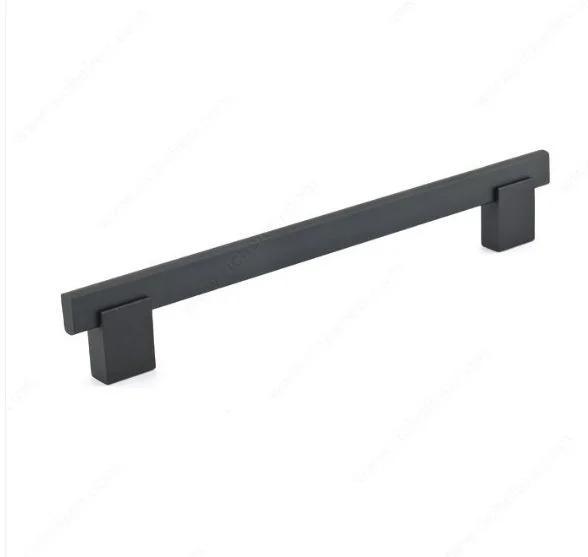 Black cabinet handle with a modern design against a white background
