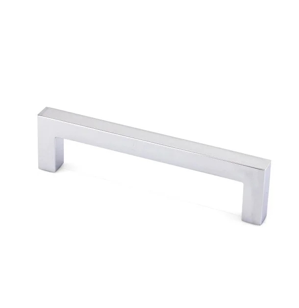 Silver rectangular metal cabinet handle with a minimalist design.