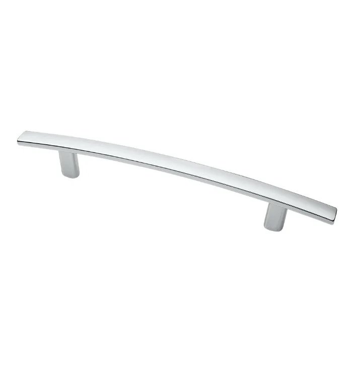 Silver cabinet drawer handle with a curved design and two mounting posts.