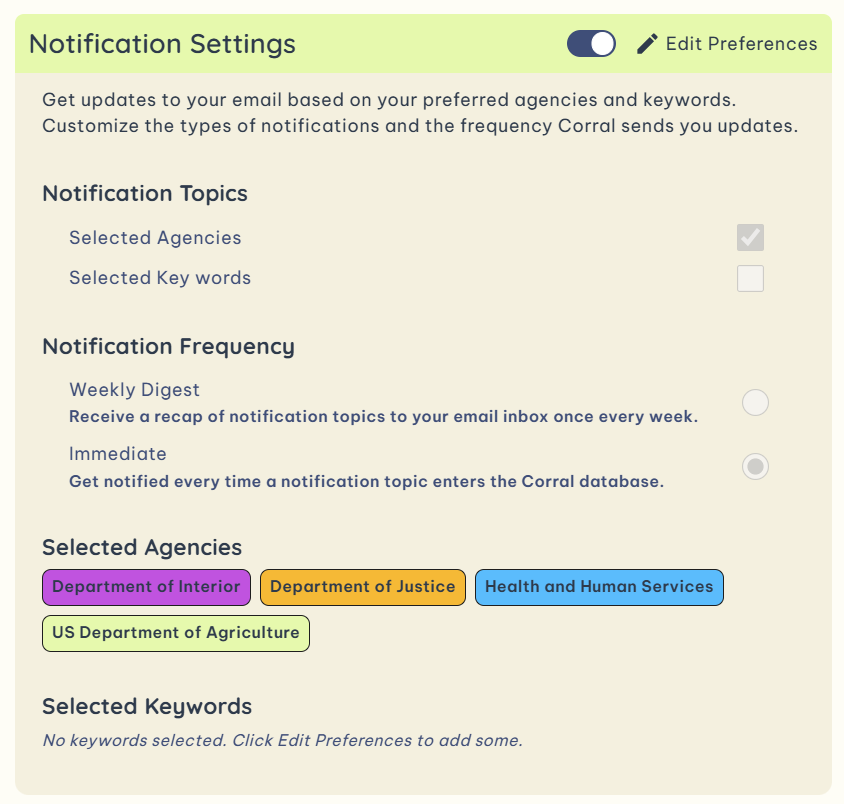 screenshot showing notification settings in Consultation Corral, with options to select agencies, keywords, and messaging frequency