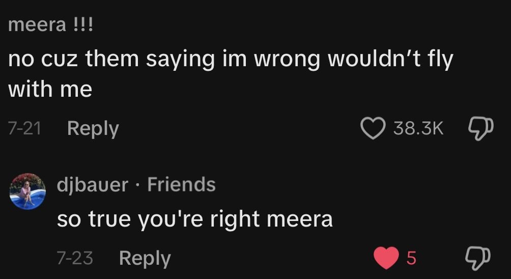 context: Two girls were saying, “I’m right, you’re wrong, and that’s okay,” at the same time, so they couldn’t hear each other, then hugged to the count of five. This was meant to be a way to make up in an “agree to disagree” type of situation, but t