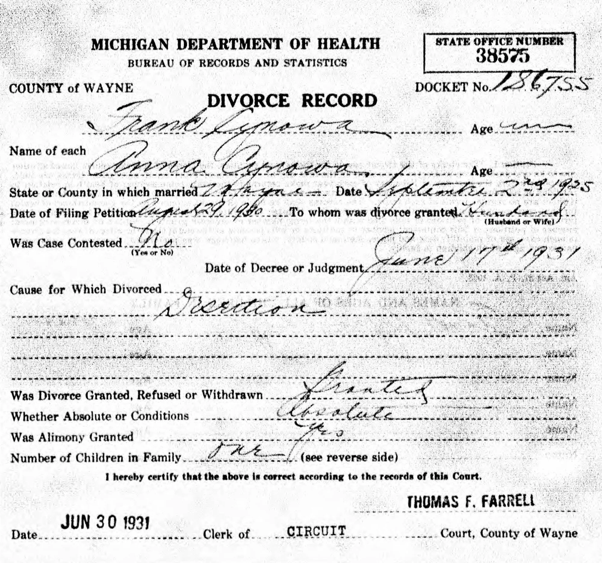 Divorce Record - Frank and Anna Cynowa - Married on September 2, 1925 and divorced for desertion on June 17, 1931.