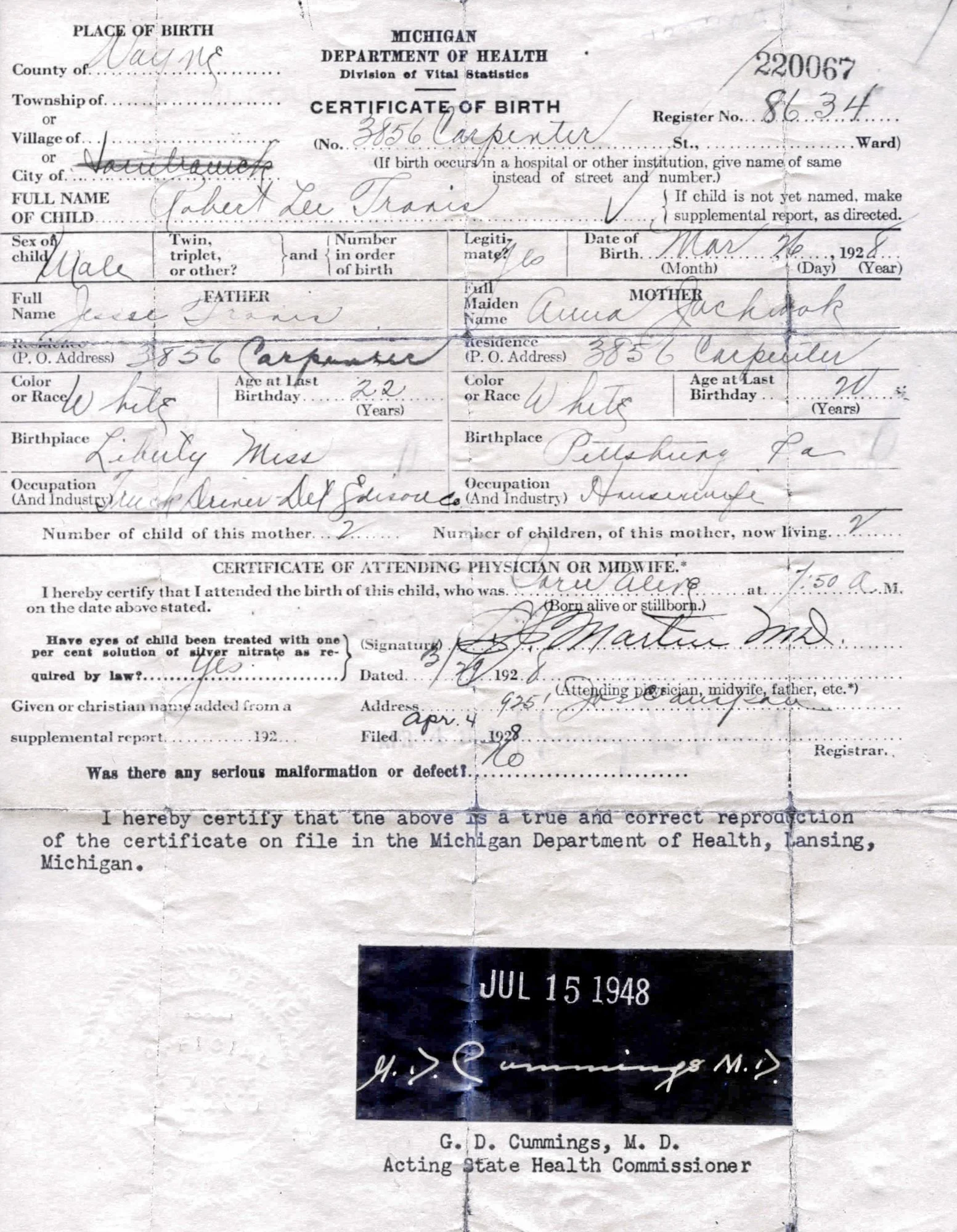 Certificate of Birth - Robert Lee Travis - March 26, 1928