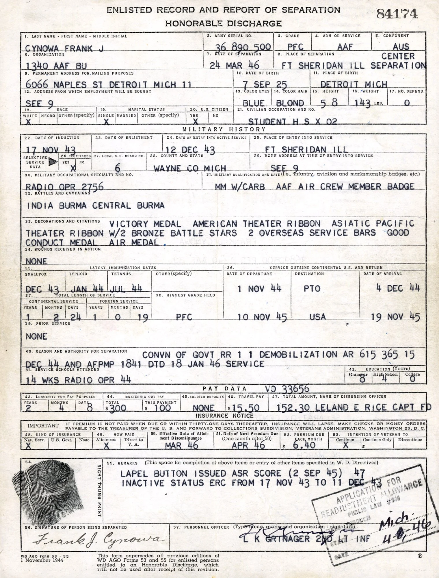 Frank Cynowa - Separation Report